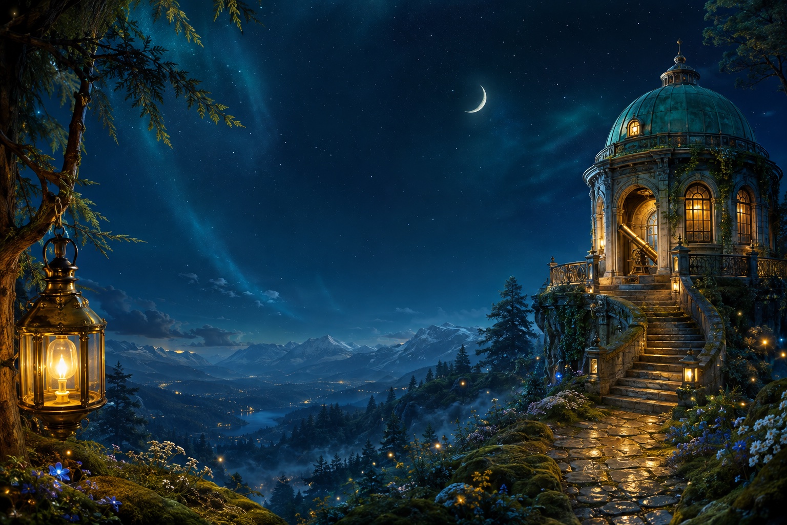 A lantern-lit path winding toward a moonlit observatory