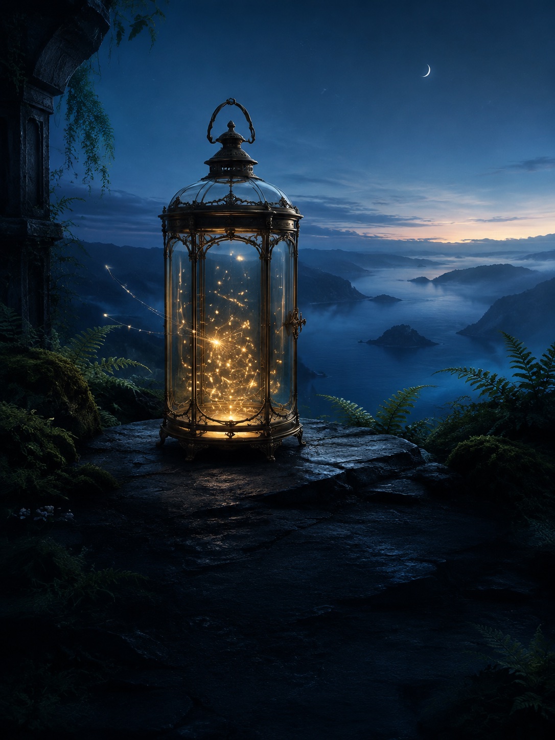 A brass lantern keeps a constellation of golden lights safe above a misty sea