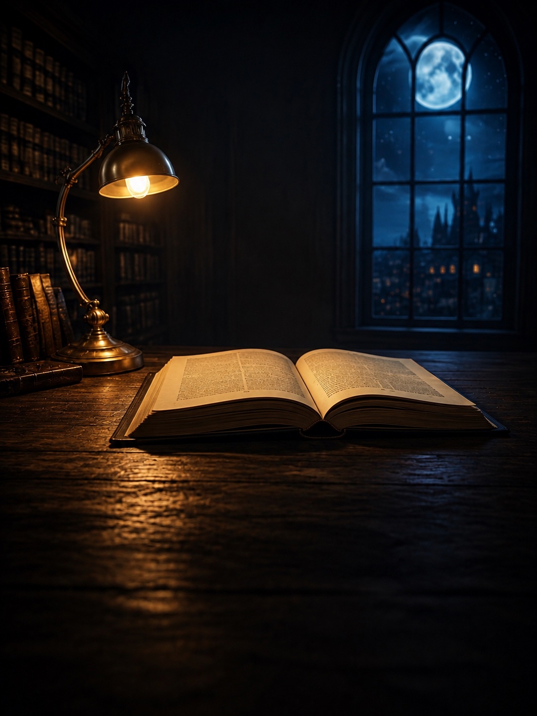 An open book rests beneath a warm brass lamp in a quiet moonlit library