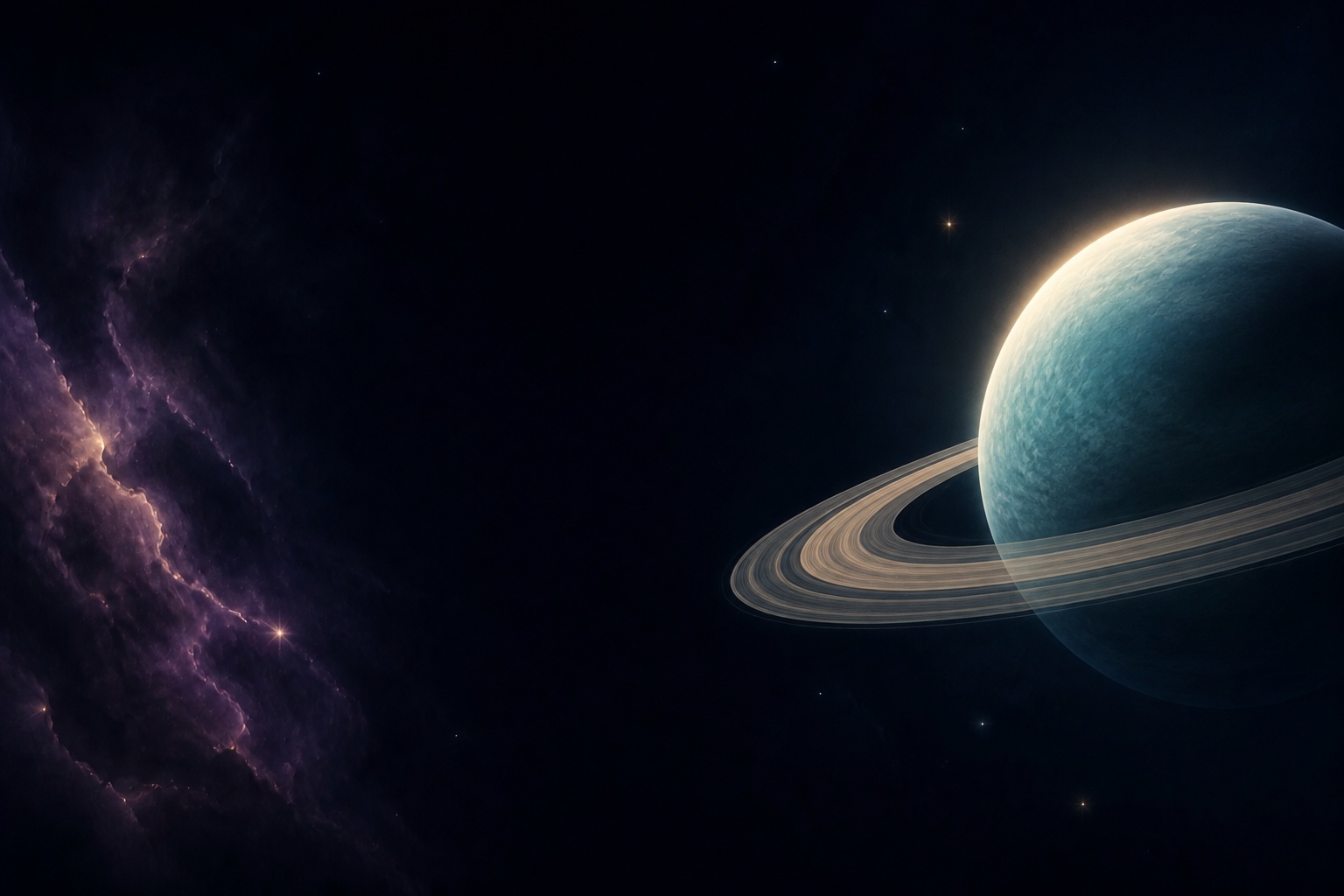 A glowing ringed planet against a deep blue starfield